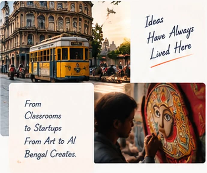A yellow Kolkata tram on a heritage street, and an artist painting a Durga mask