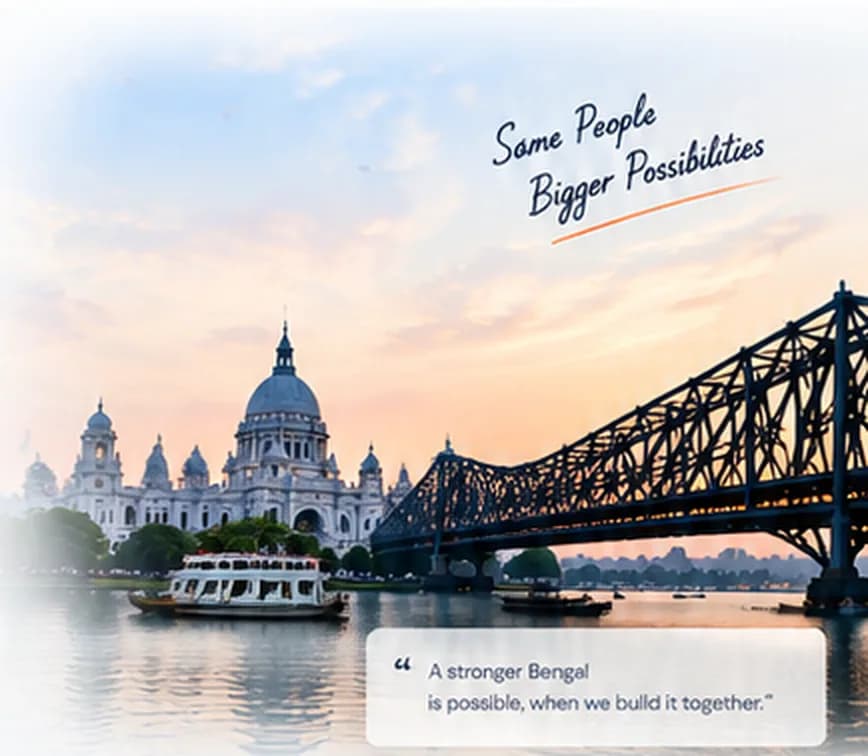 Victoria Memorial and Howrah Bridge across the Hooghly at dawn